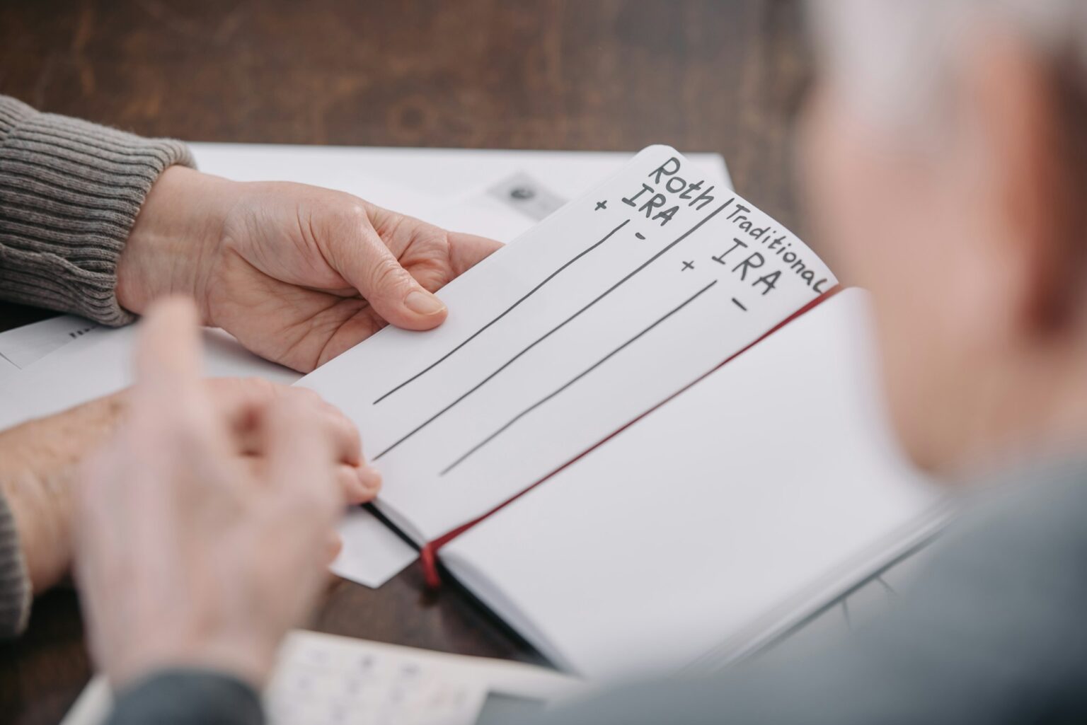 senior couple holding notebook with roth ira and traditional ira words